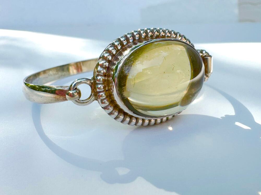 Lemon Citrine Oval Cabochon Handmade Sterling 925 Silver Latch Bangle 7 in
